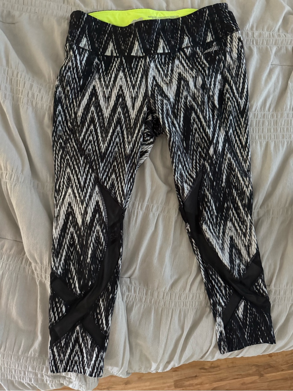 Avia Black & White Zigzag Leggings with Neon Waistband